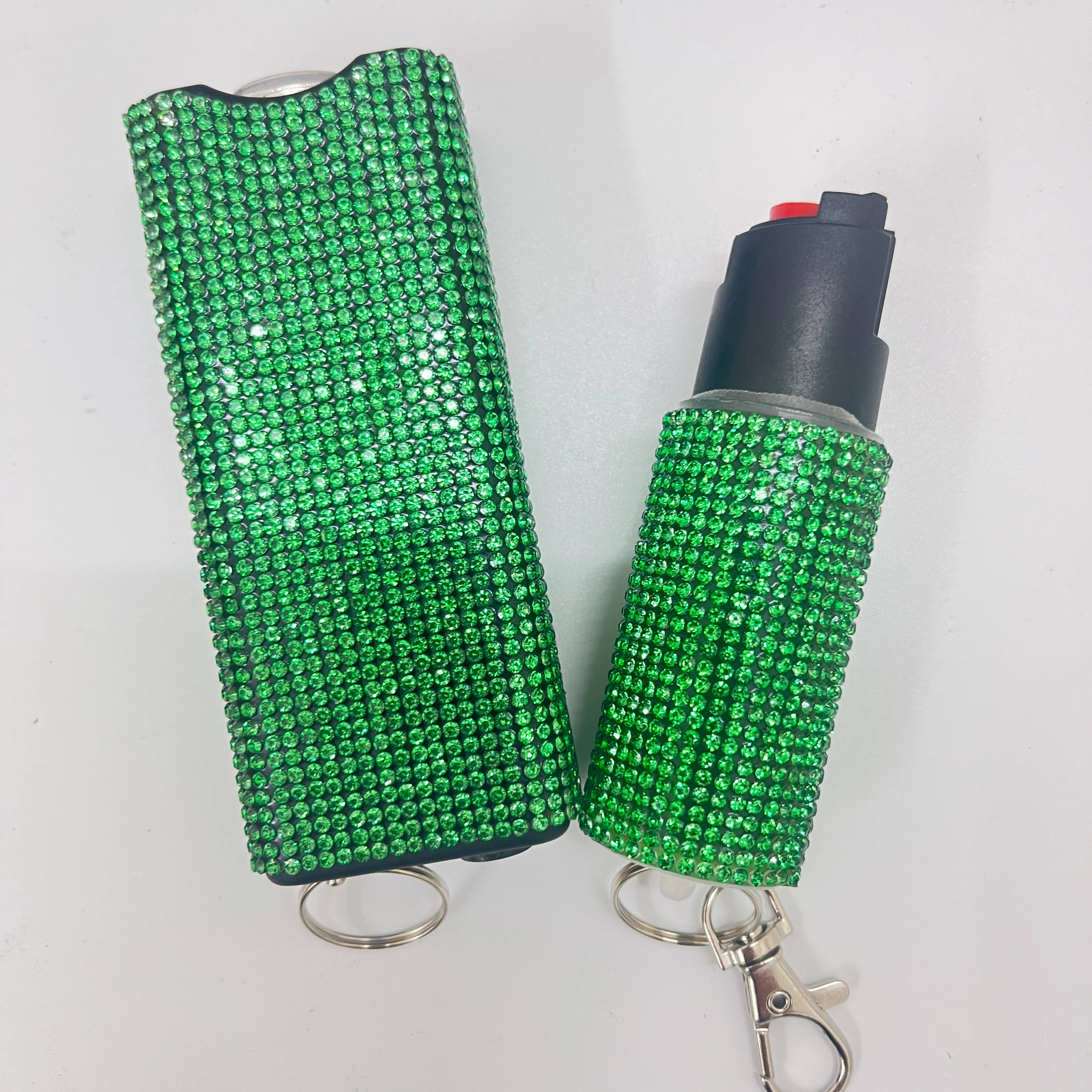 Self-defense multi-functional flashlight + spray keychain set for women.