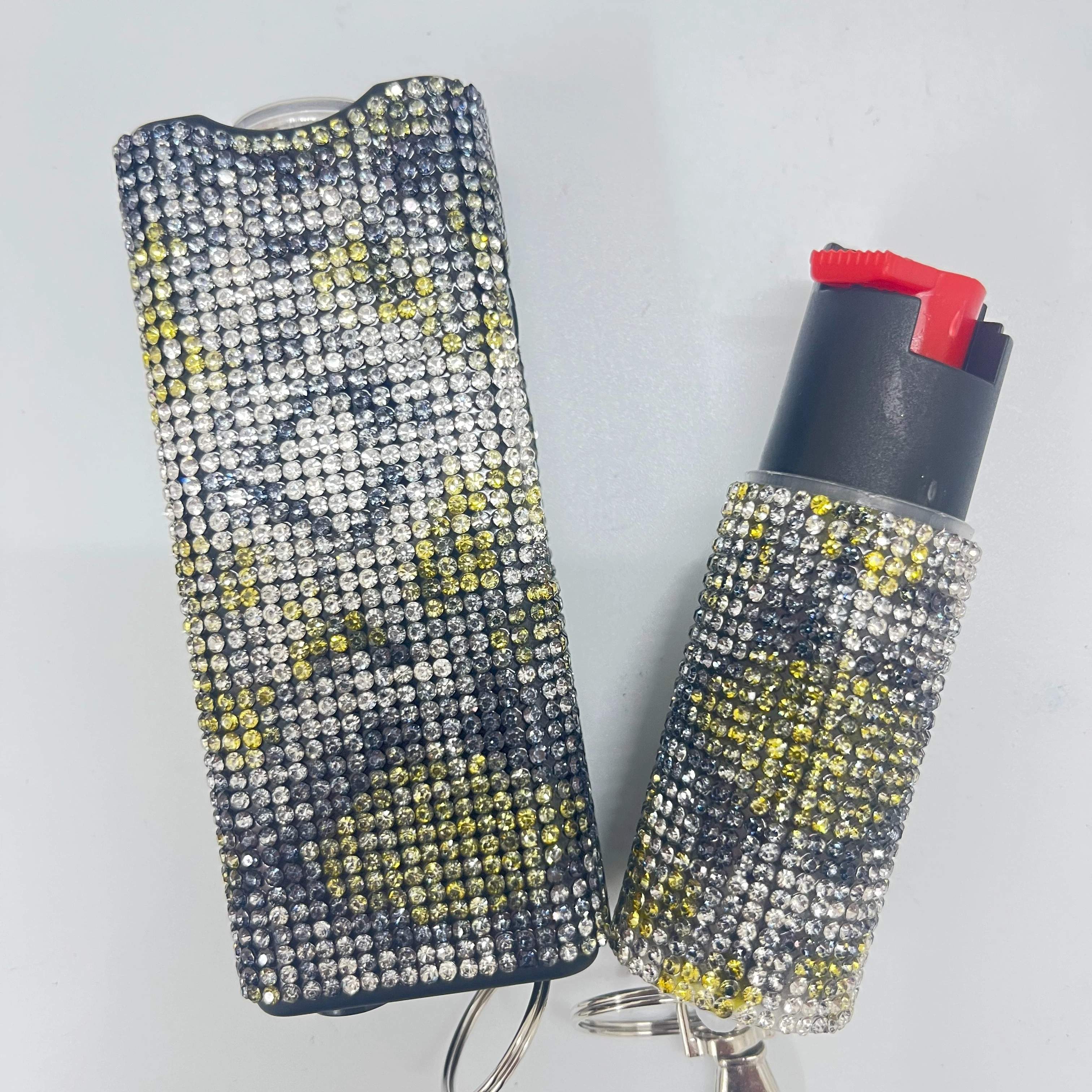 Self-defense multi-functional flashlight + spray keychain set for women.