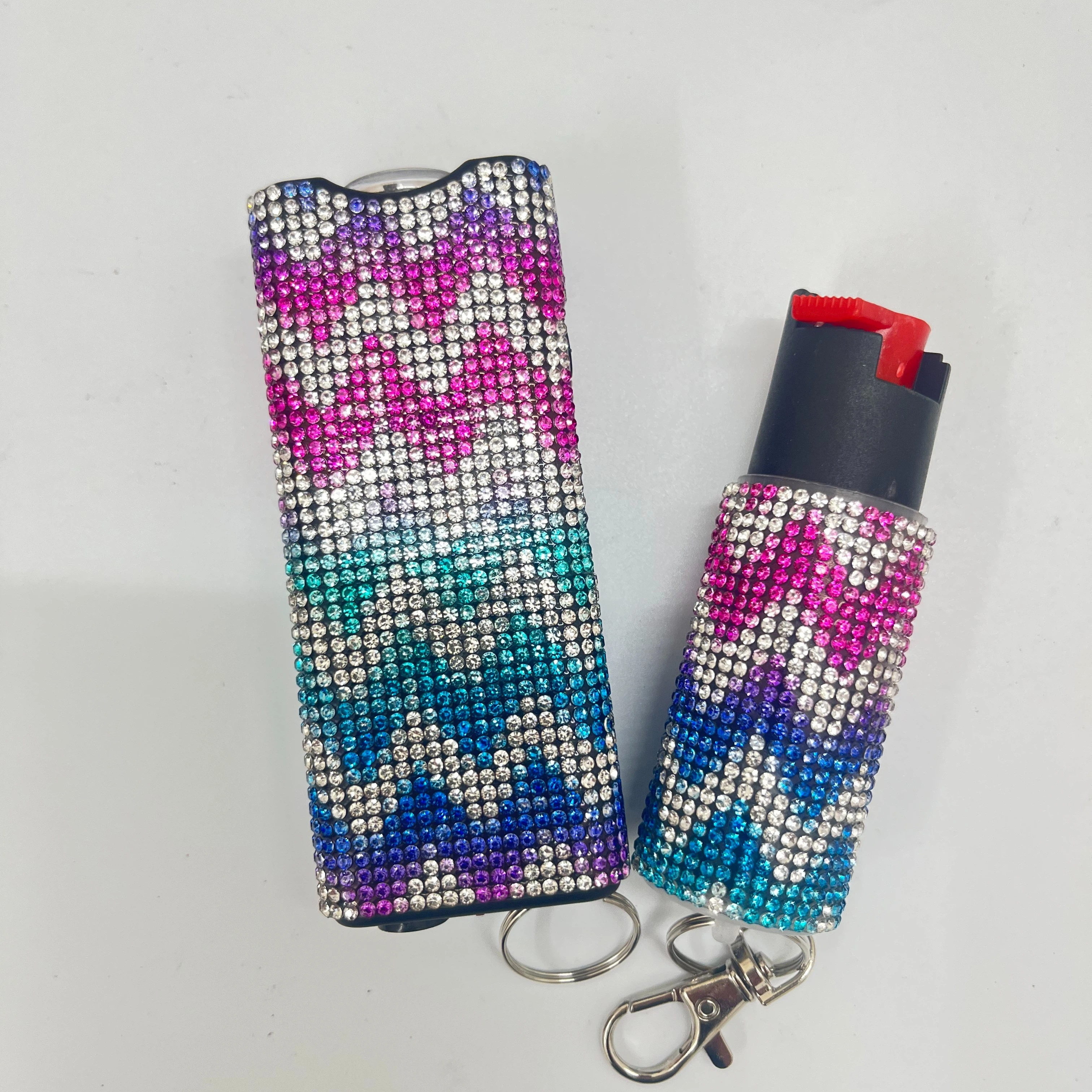 Self-defense multi-functional flashlight + spray keychain set for women.