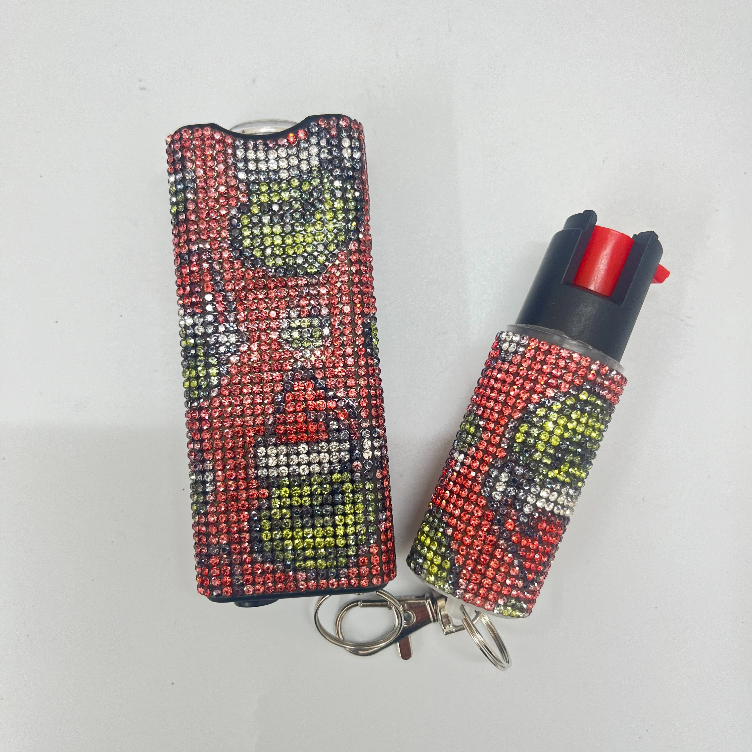 Self-defense multi-functional flashlight + spray keychain set for women.