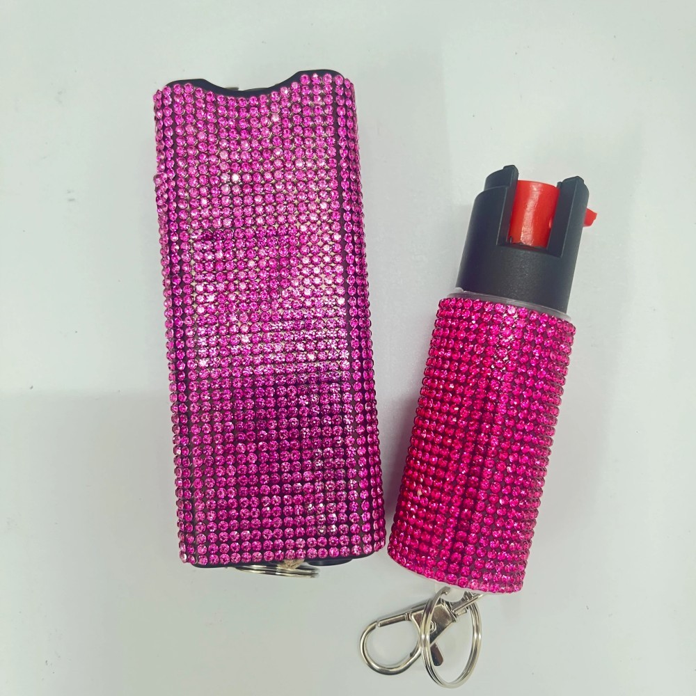 Women's solid-color self-defense flashlight and spray set.