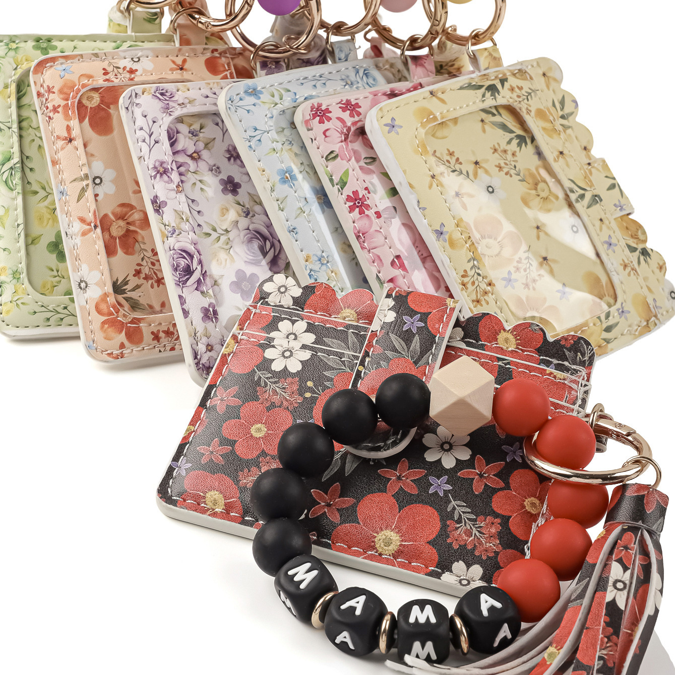 Women's Printed Coin Purse/Card Holder (with Wristlet Keychain), PU Leather, Floral/Botanical Pattern