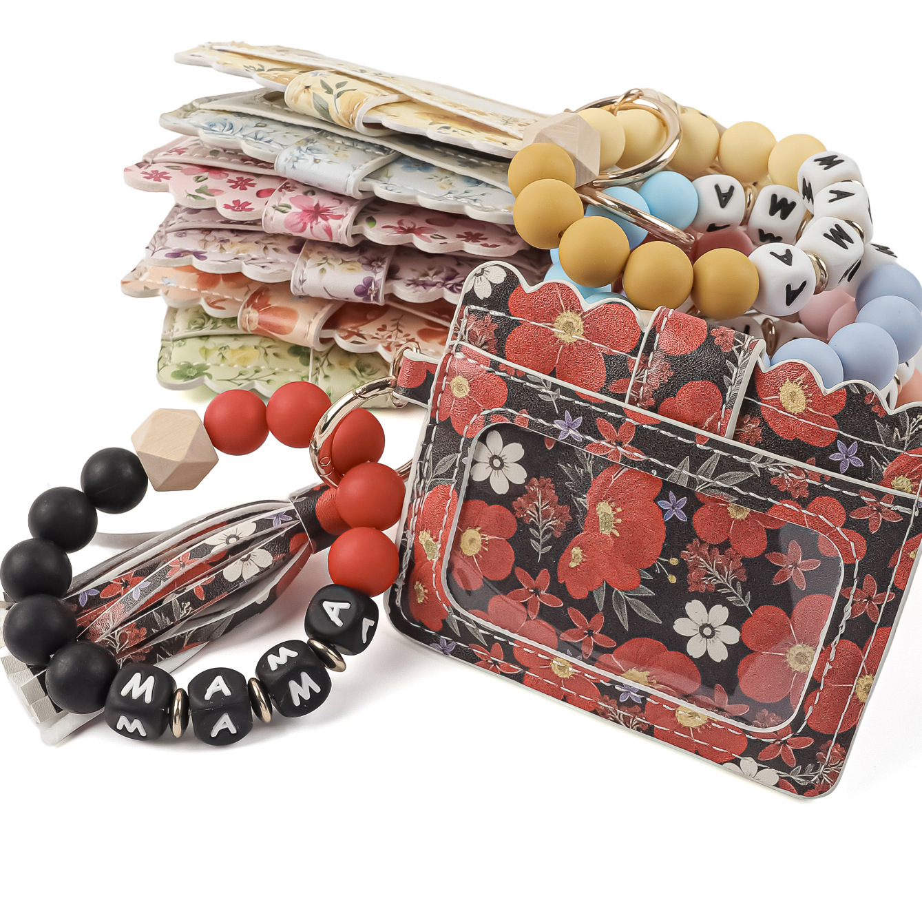 2026 Cross-Border New Card Holder Wristband Keychain Women's Printed Coin Purse PU Leather Floral and Plant Pattern ID Card Holder