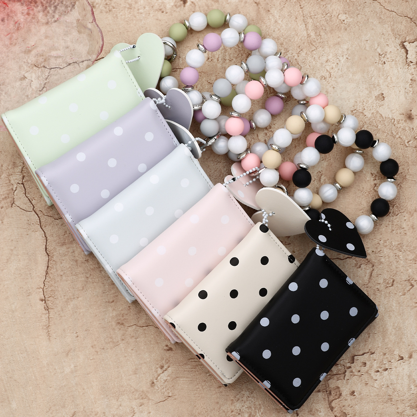 26 Cross-border Spot Polka Dot Small Wallet, Pink Polka Dot Card Holder, Silicone Bead Bracelet, Leather Women's Wallet