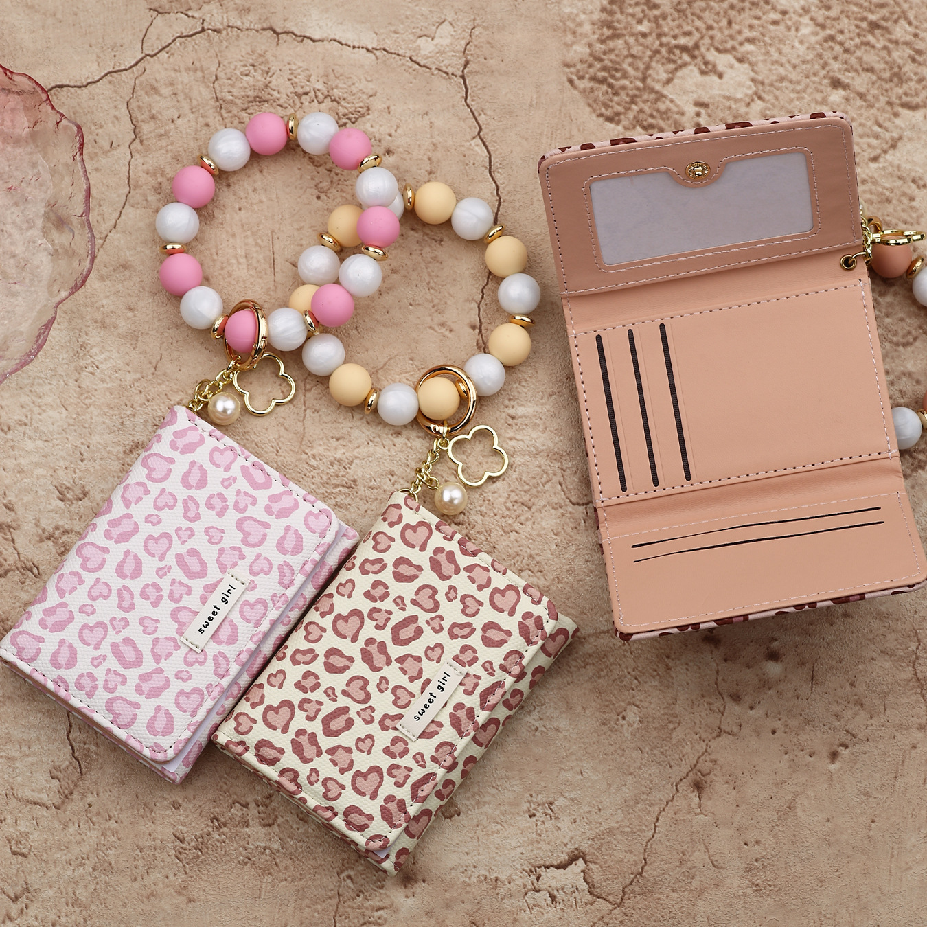 2026 Cross-border Spot Goods INS Pink Small Wallet Leopard Print Card Holder Card Cover Silicone Bead Bracelet Leather Women's Wallet