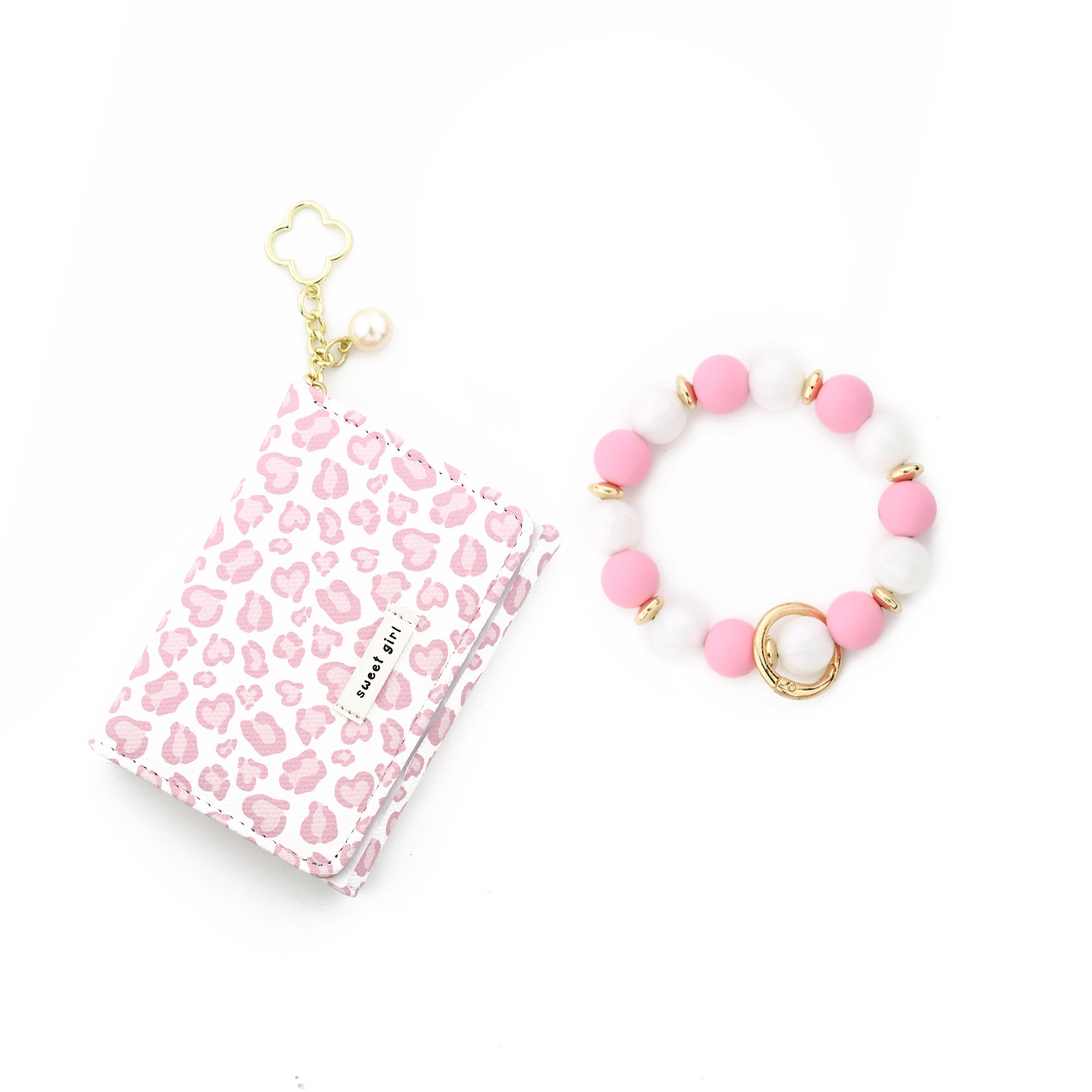 2026 Cross-border Spot Goods INS Pink Small Wallet Leopard Print Card Holder Card Cover Silicone Bead Bracelet Leather Women's Wallet