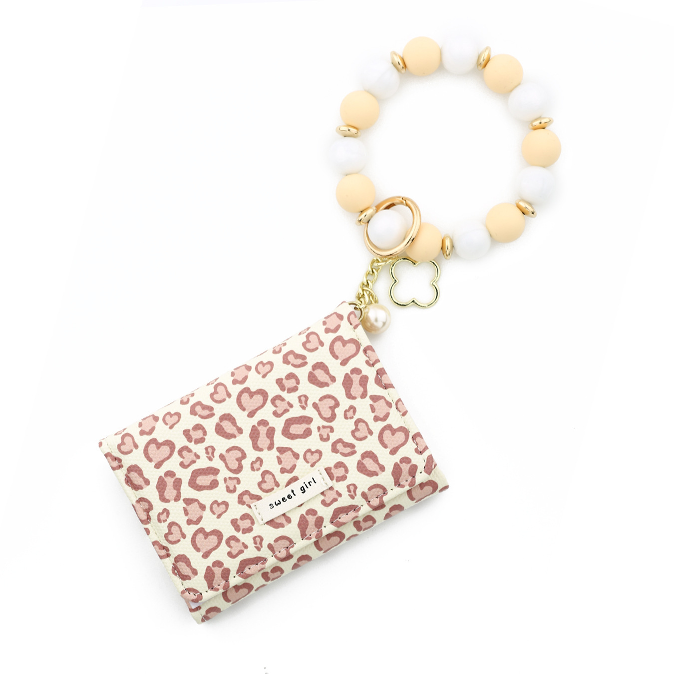 2026 Cross-border Spot Goods INS Pink Small Wallet Leopard Print Card Holder Card Cover Silicone Bead Bracelet Leather Women's Wallet