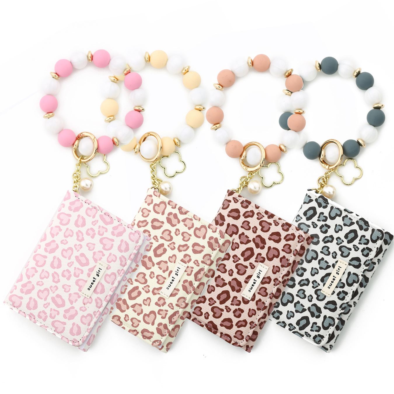 2026 Cross-border Spot Goods INS Pink Small Wallet Leopard Print Card Holder Card Cover Silicone Bead Bracelet Leather Women's Wallet