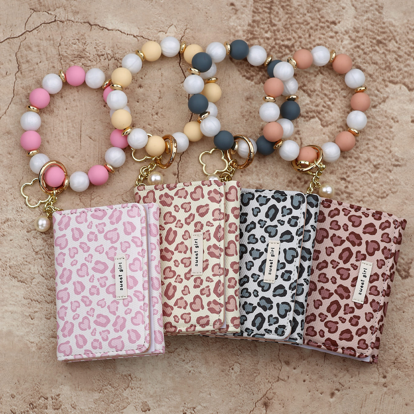 2026 Cross-border Spot Goods INS Pink Small Wallet Leopard Print Card Holder Card Cover Silicone Bead Bracelet Leather Women's Wallet