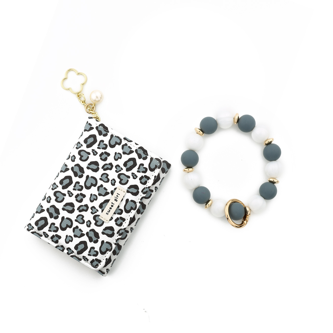2026 Cross-border Spot Goods INS Pink Small Wallet Leopard Print Card Holder Card Cover Silicone Bead Bracelet Leather Women's Wallet