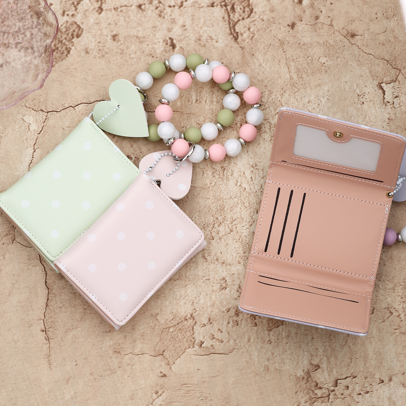 26 Cross-border Spot Polka Dot Small Wallet, Pink Polka Dot Card Holder, Silicone Bead Bracelet, Leather Women's Wallet