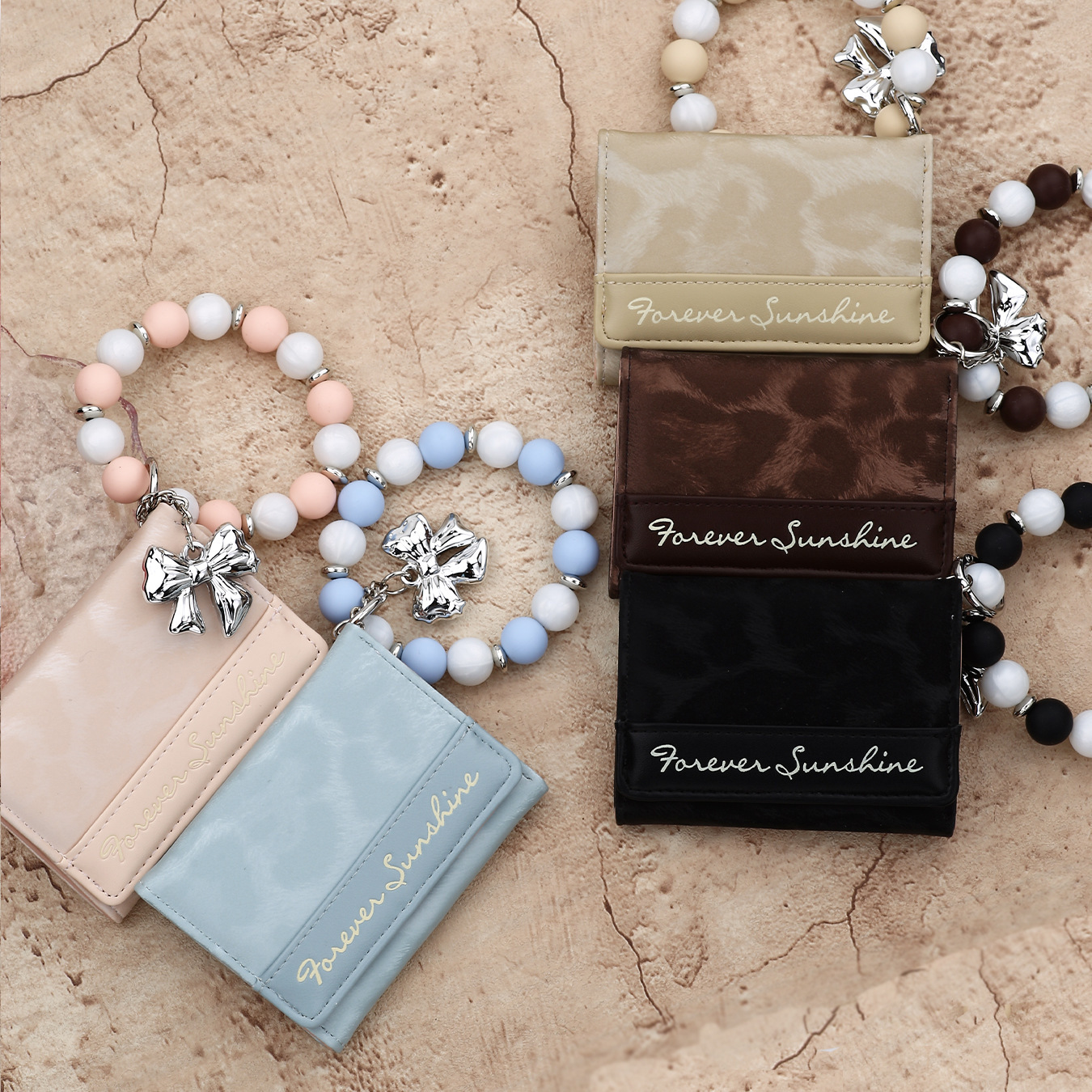2026 Cross-border E-commerce Mini Wallet with Pink Leopard Print, Card Holder, Silicone Bead Bracelet, Leather Women's Wallet