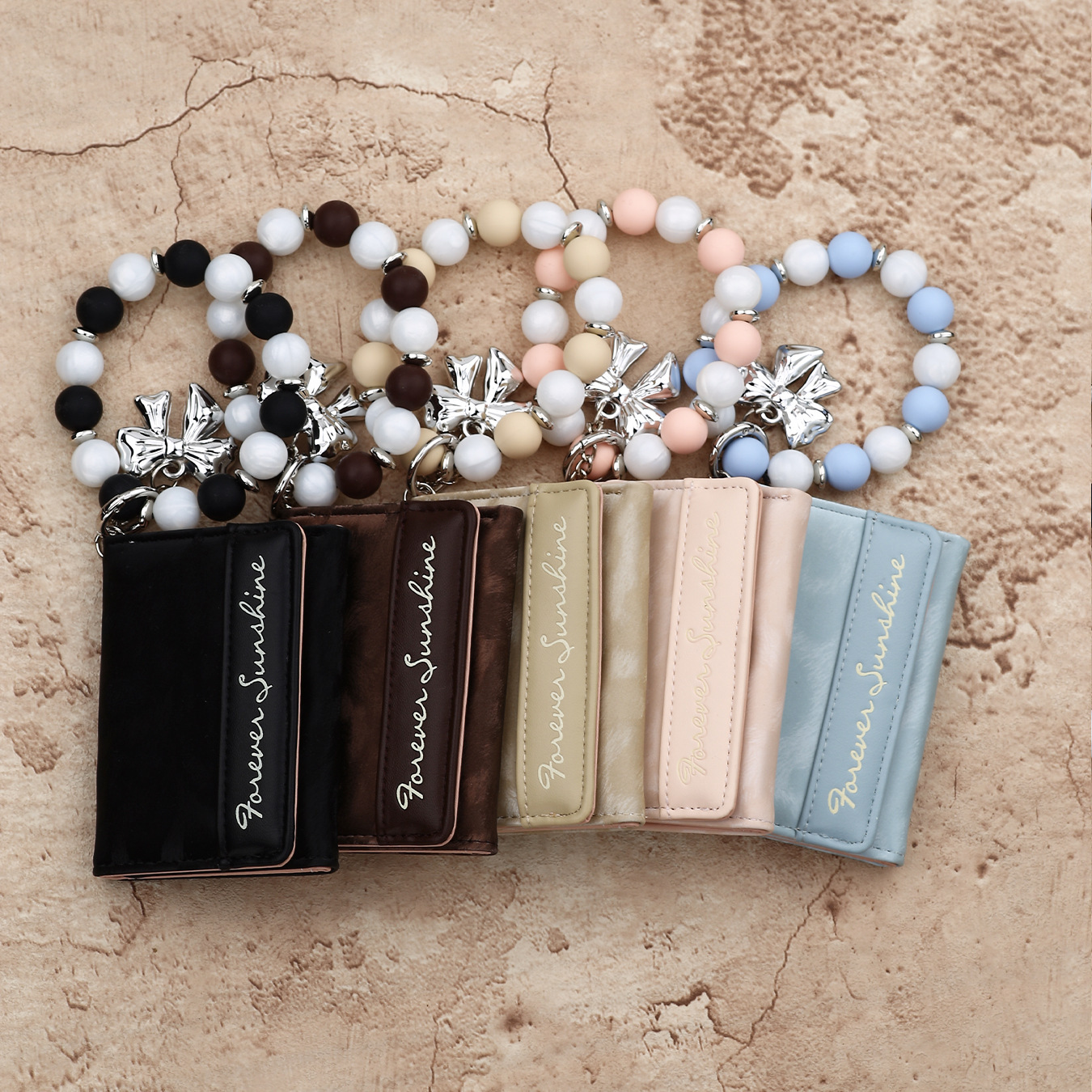 2026 Cross-border E-commerce Mini Wallet with Pink Leopard Print, Card Holder, Silicone Bead Bracelet, Leather Women's Wallet
