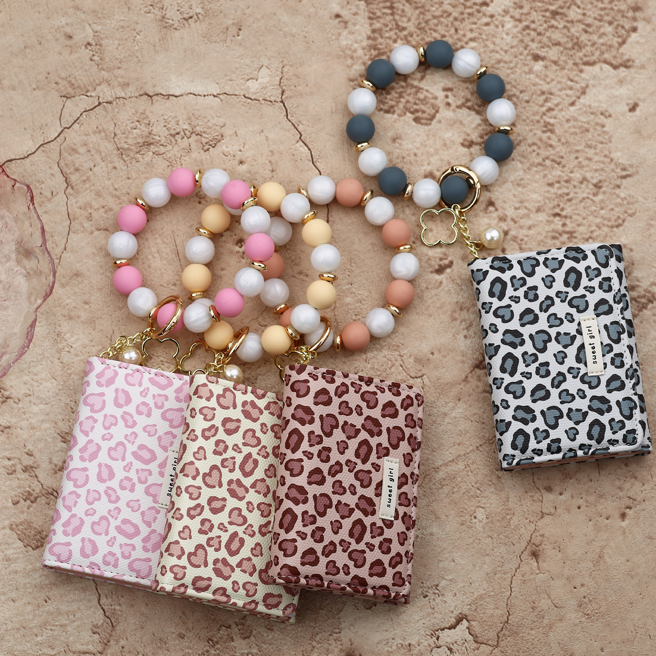 2026 Cross-border Spot Goods INS Pink Small Wallet Leopard Print Card Holder Card Cover Silicone Bead Bracelet Leather Women's Wallet