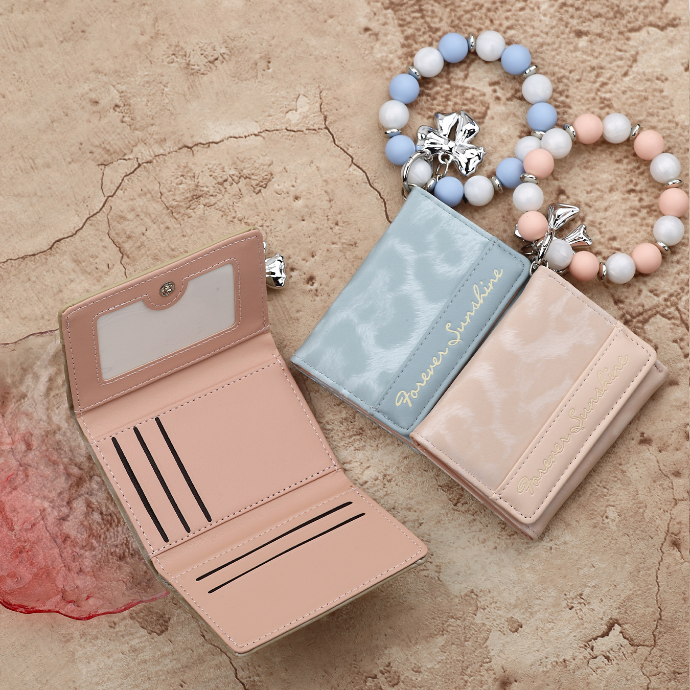 2026 Cross-border E-commerce Mini Wallet with Pink Leopard Print, Card Holder, Silicone Bead Bracelet, Leather Women's Wallet