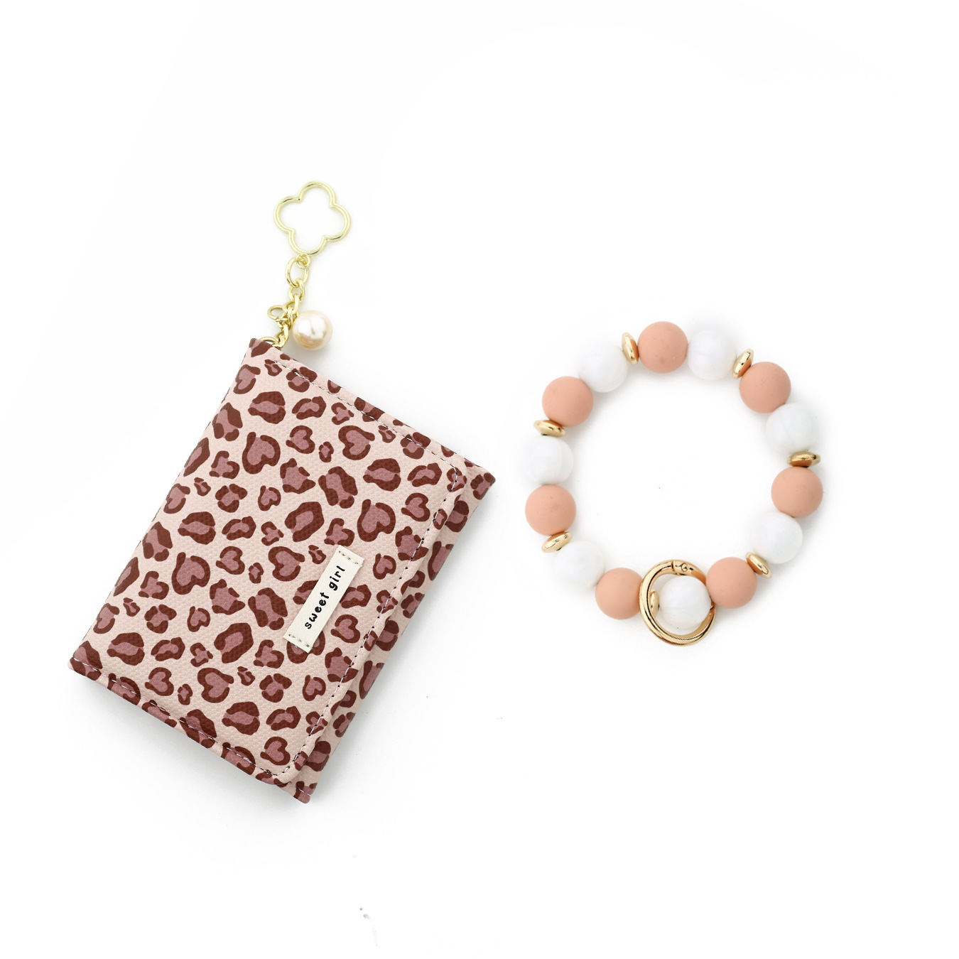 2026 Cross-border Spot Goods INS Pink Small Wallet Leopard Print Card Holder Card Cover Silicone Bead Bracelet Leather Women's Wallet