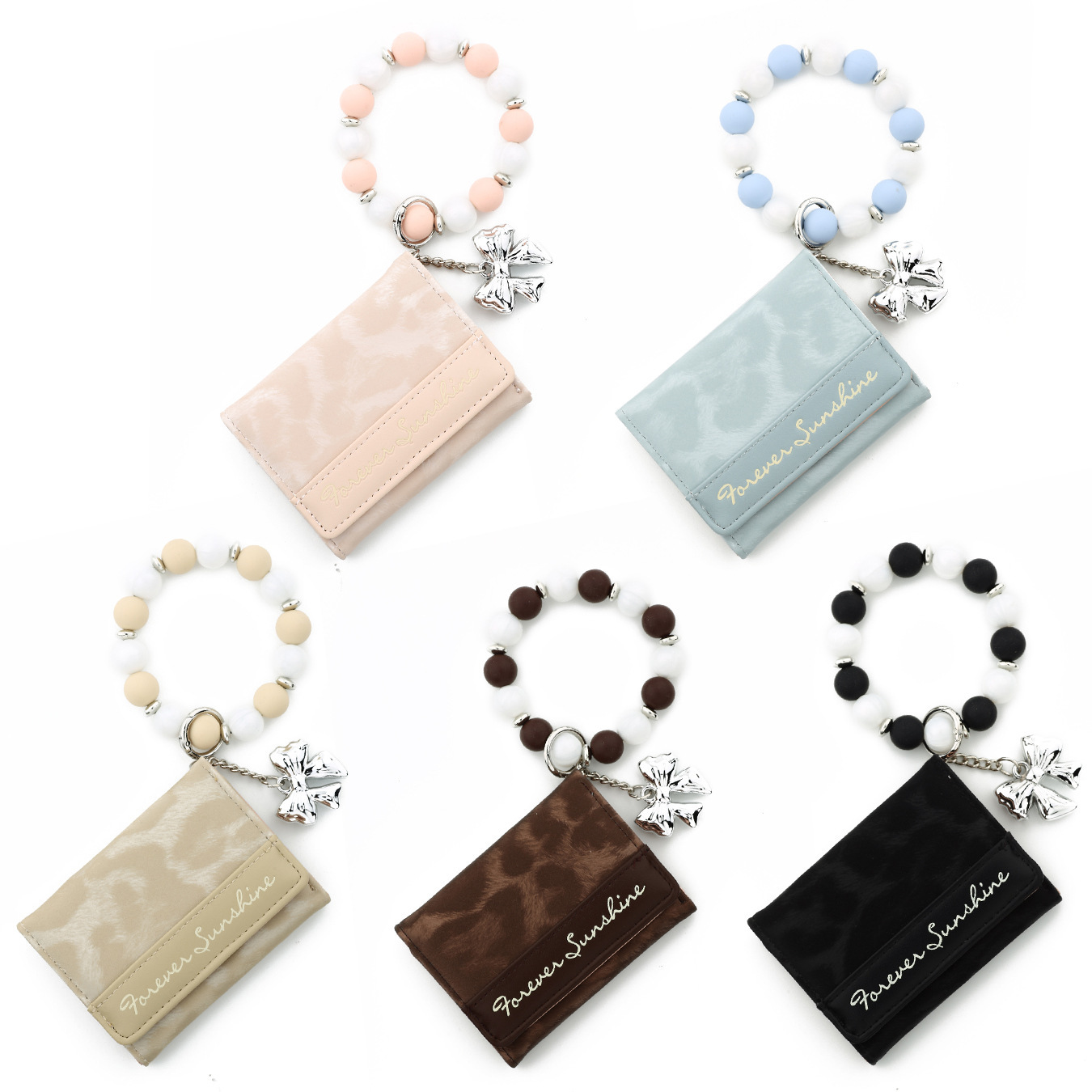 2026 Cross-border E-commerce Mini Wallet with Pink Leopard Print, Card Holder, Silicone Bead Bracelet, Leather Women's Wallet
