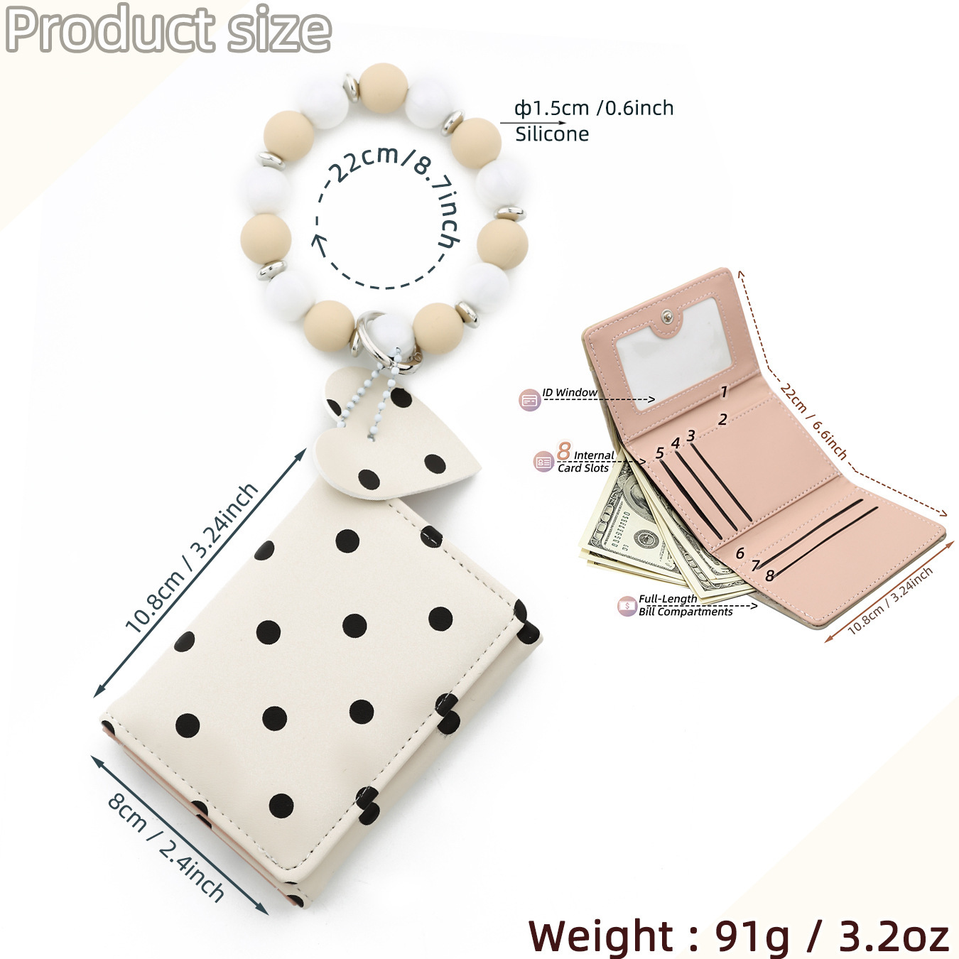 26 Cross-border Spot Polka Dot Small Wallet, Pink Polka Dot Card Holder, Silicone Bead Bracelet, Leather Women's Wallet