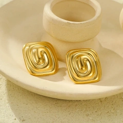 Waterproof Stainless Steel Jewelry 18k Gold Plated Rectangular Spiral Texture Earrings Non Tarnish YF6089