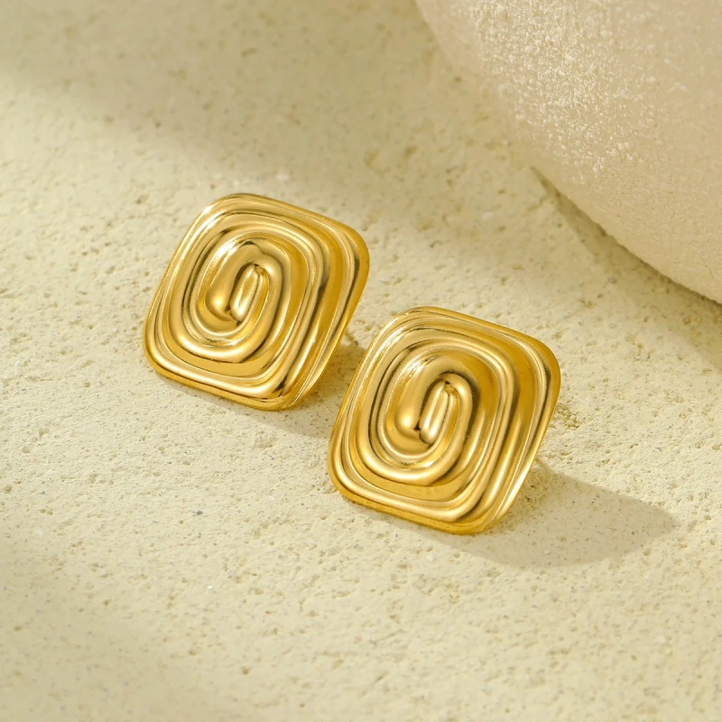 Waterproof Stainless Steel Jewelry 18k Gold Plated Rectangular Spiral Texture Earrings Non Tarnish YF6089