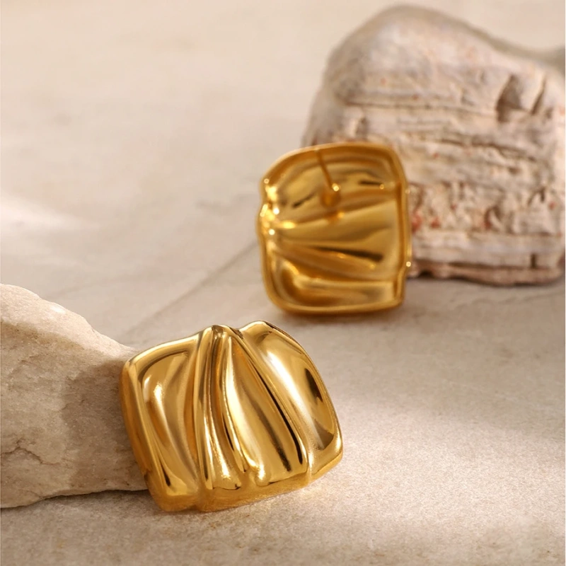 Stainless Steel 18k Unique Design Waterproof Jewelry Geometric Rectangular Folded Women Non Tarnish Earrings YF6257