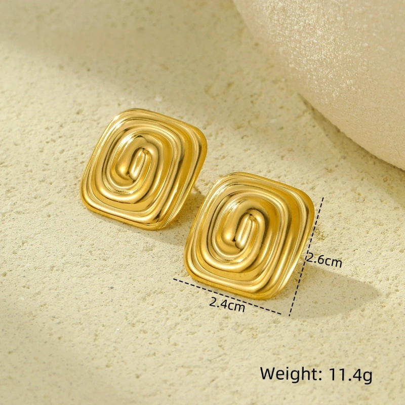 Waterproof Stainless Steel Jewelry 18k Gold Plated Rectangular Spiral Texture Earrings Non Tarnish YF6089