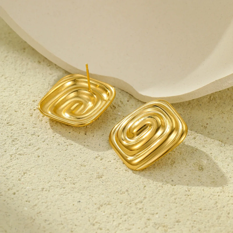 Waterproof Stainless Steel Jewelry 18k Gold Plated Rectangular Spiral Texture Earrings Non Tarnish YF6089