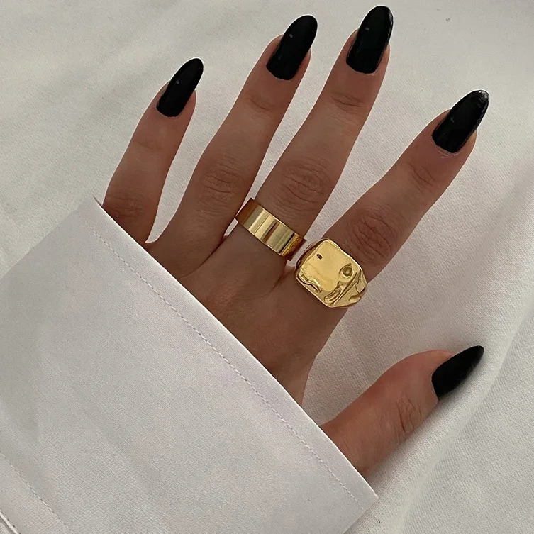 High Quality Hypoallergenic Stainless Steel Jewelry 18K Gold Plated Exaggerated Square Irregular Chunky Ring YF2827