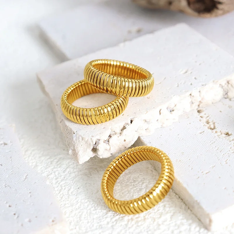 2023 Waterproof Elastic Flexible Rings 18K Gold Plated Stainless Steel Stacking Wristband Stretch Link Chain Ring YF3608