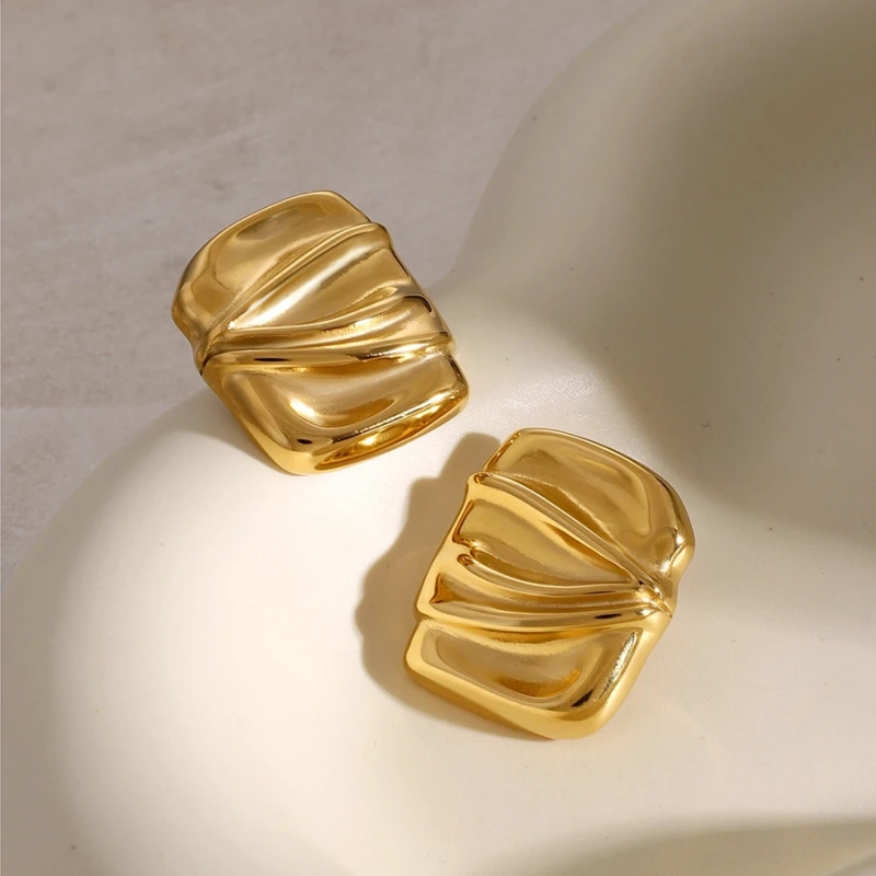 Stainless Steel 18k Unique Design Waterproof Jewelry Geometric Rectangular Folded Women Non Tarnish Earrings YF6257