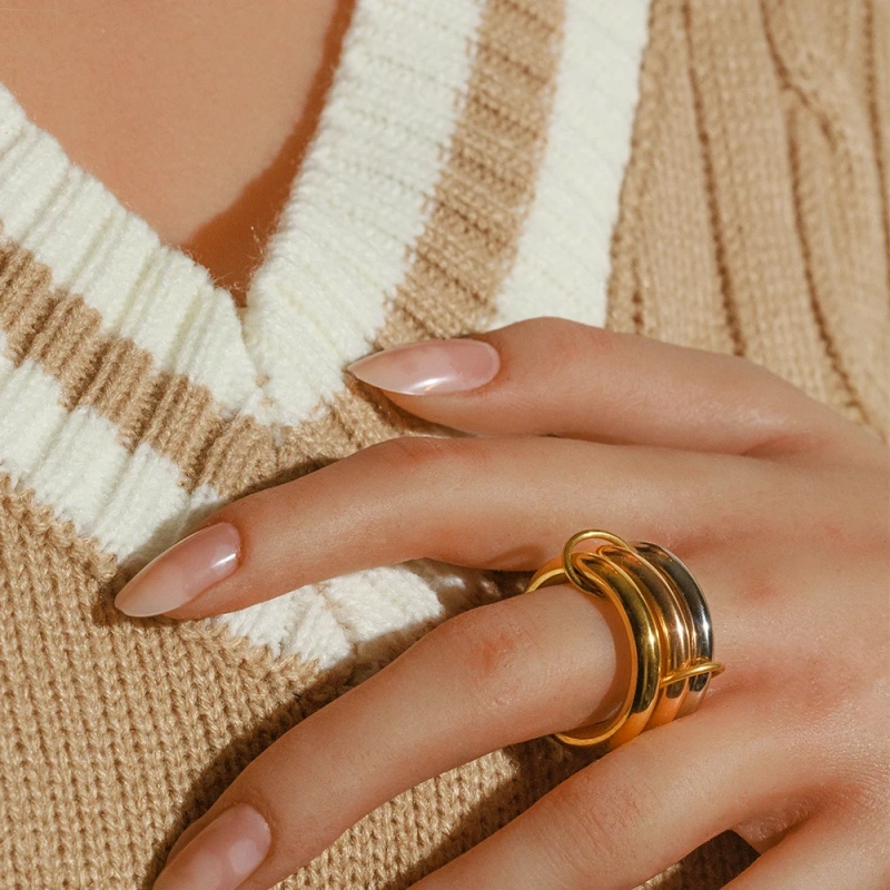 High End Trendy Simple Non Tarnish Three Circle Ring 18K Gold Plated Stainless Steel Multi Layer Lines Link Rings YF4178