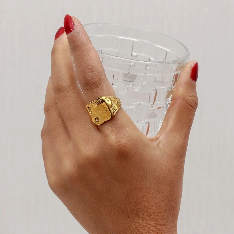 High Quality Hypoallergenic Stainless Steel Jewelry 18K Gold Plated Exaggerated Square Irregular Chunky Ring YF2827