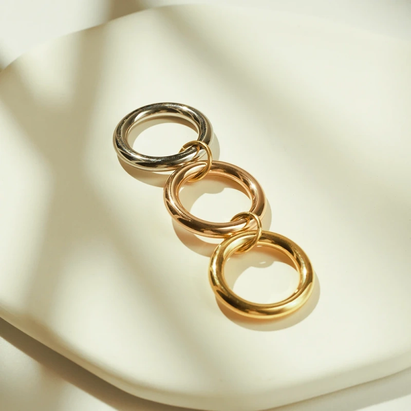 High End Trendy Simple Non Tarnish Three Circle Ring 18K Gold Plated Stainless Steel Multi Layer Lines Link Rings YF4178