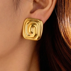 Waterproof Stainless Steel Jewelry 18k Gold Plated Rectangular Spiral Texture Earrings Non Tarnish YF6089