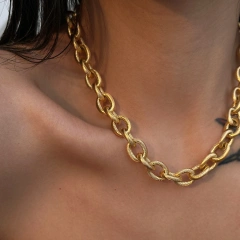Hip Hop 18k Gold Plated Rope Link Chain Chunky Bracelet Waterproof Stainless Steel Oval Chain Punk Coarse Thread Necklace YF4060