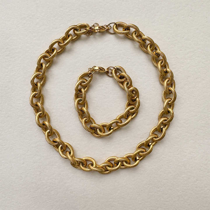 Hip Hop 18k Gold Plated Rope Link Chain Chunky Bracelet Waterproof Stainless Steel Oval Chain Punk Coarse Thread Necklace YF4060