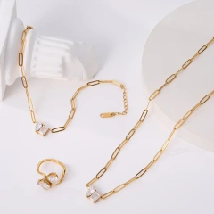 Fashion 18K Gold Plated Triangle Drill Rectangular Drop Shape Link Zirconia Pendant Stainless Steel Clip Chain Necklace YF4029