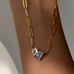 Fashion 18K Gold Plated Triangle Drill Rectangular Drop Shape Link Zirconia Pendant Stainless Steel Clip Chain Necklace YF4029
