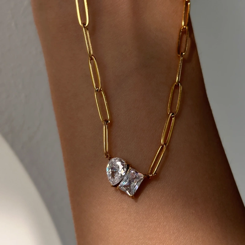 Fashion 18K Gold Plated Triangle Drill Rectangular Drop Shape Link Zirconia Pendant Stainless Steel Clip Chain Necklace YF4029