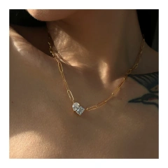 Fashion 18K Gold Plated Triangle Drill Rectangular Drop Shape Link Zirconia Pendant Stainless Steel Clip Chain Necklace YF4029