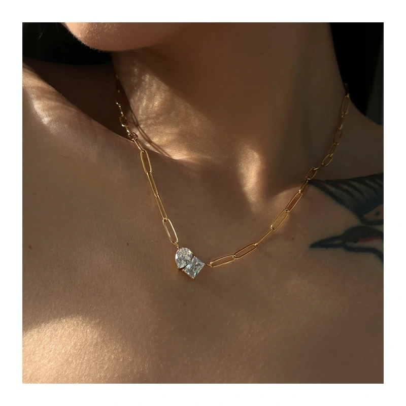 Fashion 18K Gold Plated Triangle Drill Rectangular Drop Shape Link Zirconia Pendant Stainless Steel Clip Chain Necklace YF4029