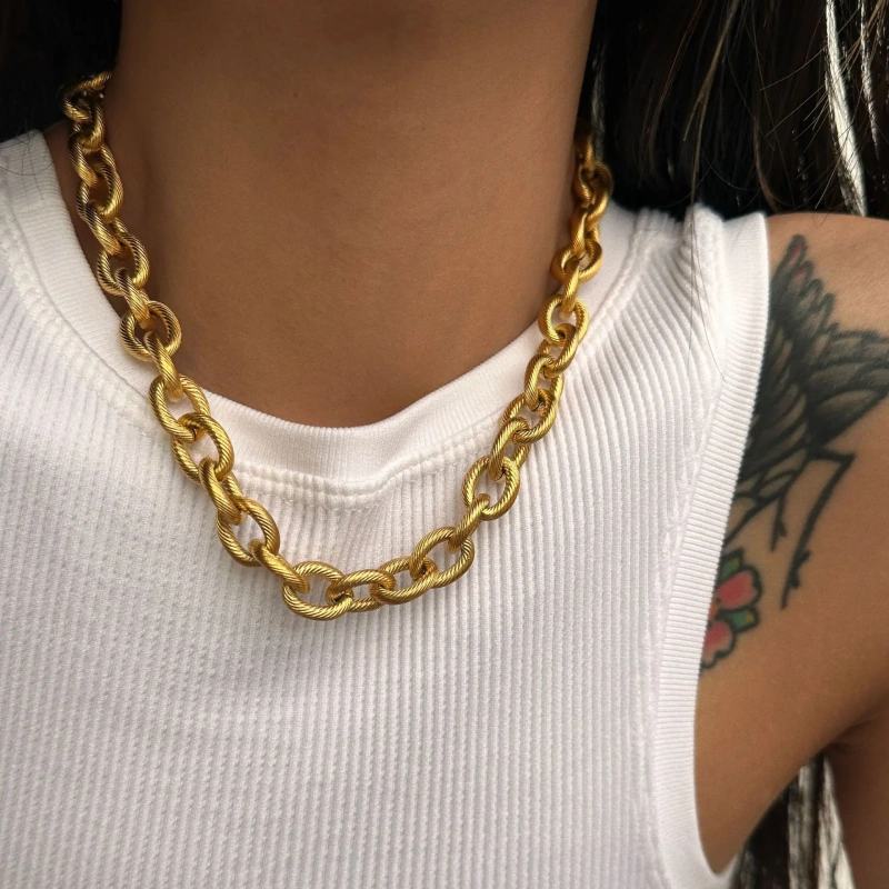 Hip Hop 18k Gold Plated Rope Link Chain Chunky Bracelet Waterproof Stainless Steel Oval Chain Punk Coarse Thread Necklace YF4060