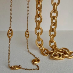 Hip Hop 18k Gold Plated Rope Link Chain Chunky Bracelet Waterproof Stainless Steel Oval Chain Punk Coarse Thread Necklace YF4060