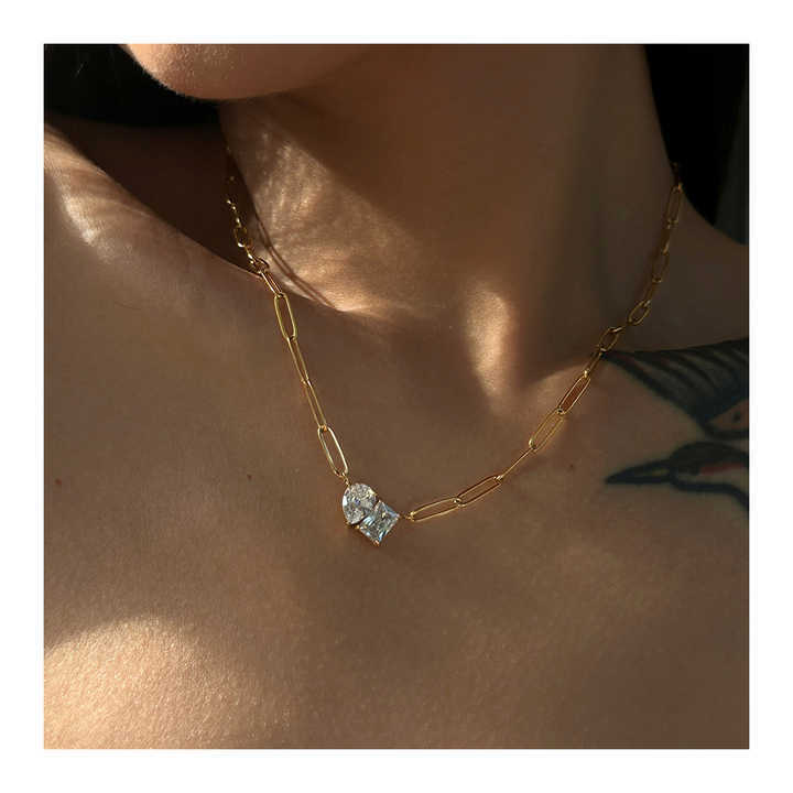 Fashion 18K Gold Plated Triangle Drill Rectangular Drop Shape Link Zirconia Pendant Stainless Steel Clip Chain Necklace YF4029