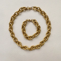 Hip Hop 18k Gold Plated Rope Link Chain Chunky Bracelet Waterproof Stainless Steel Oval Chain Punk Coarse Thread Necklace YF4060