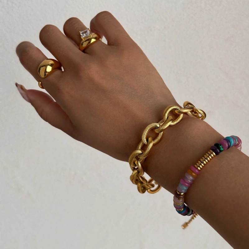 Hip Hop 18k Gold Plated Rope Link Chain Chunky Bracelet Waterproof Stainless Steel Oval Chain Punk Coarse Thread Necklace YF4060