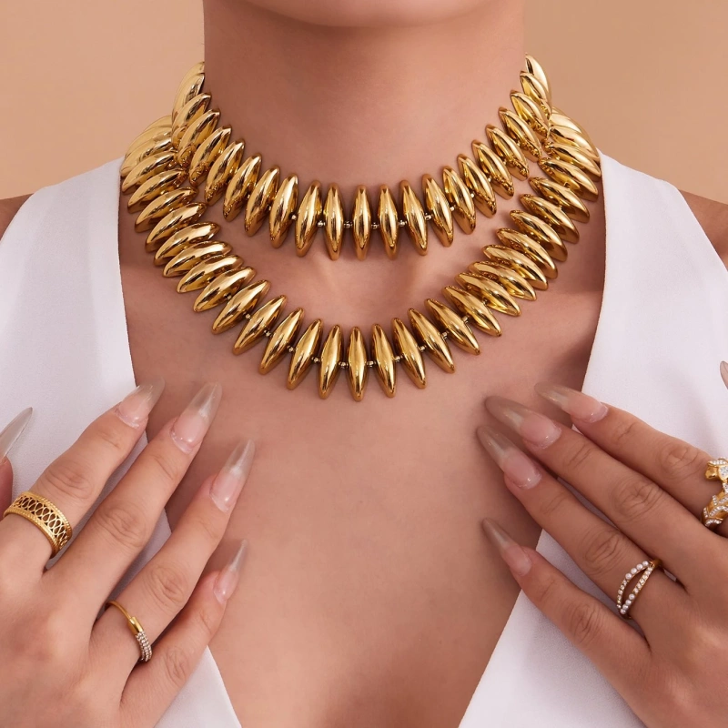 New Luxury Handcrafted torpedo Bracelet and Necklace Set 18K Gold Plated Waterproof Stainless Steel YF8275