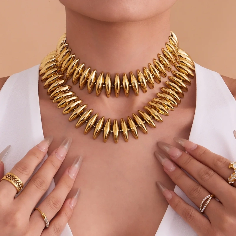 New Luxury Handcrafted torpedo Bracelet and Necklace Set 18K Gold Plated Waterproof Stainless Steel YF8275