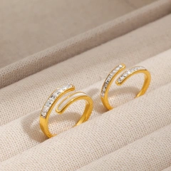 French Style High End Light Luxury Open Shell White Diamond Ring 18K Gold Plated Waterproof Stainless Steel YF8290