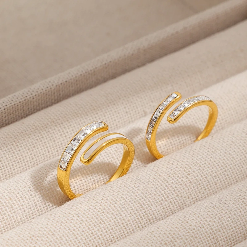 French Style High End Light Luxury Open Shell White Diamond Ring 18K Gold Plated Waterproof Stainless Steel YF8290